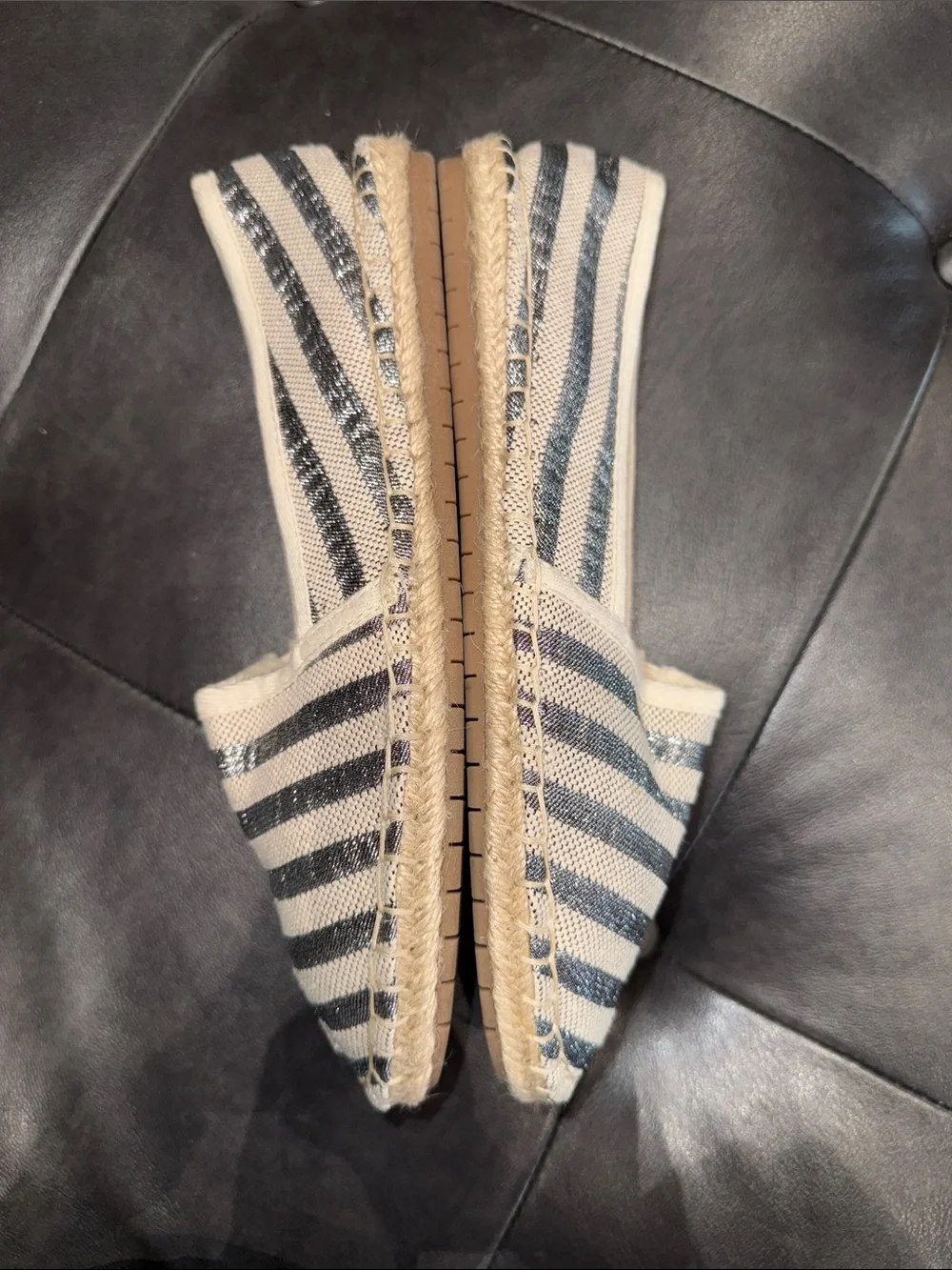 Metallic Striped Canvas Slip-On Espadrilles - Silver & Cream Women’s Size 8M